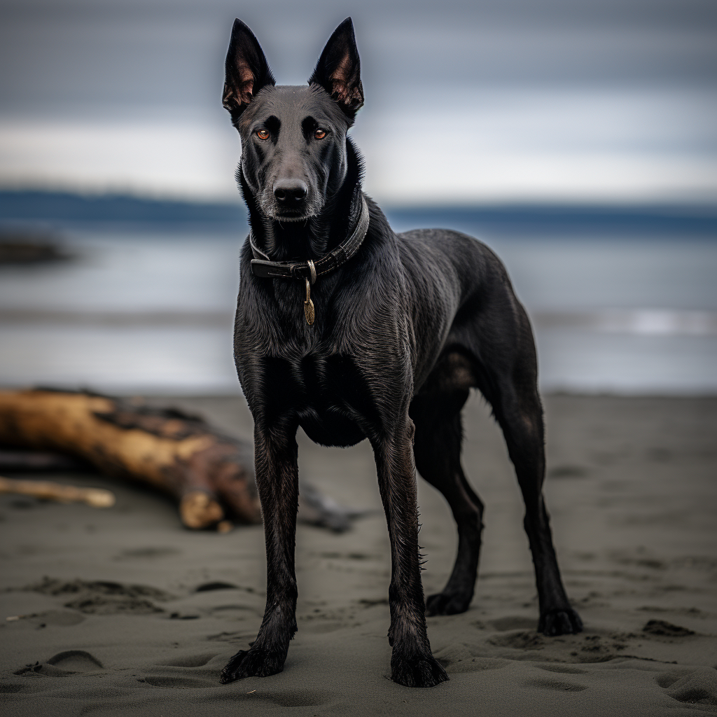 Beautiful black Dutch Shepherd on the beach