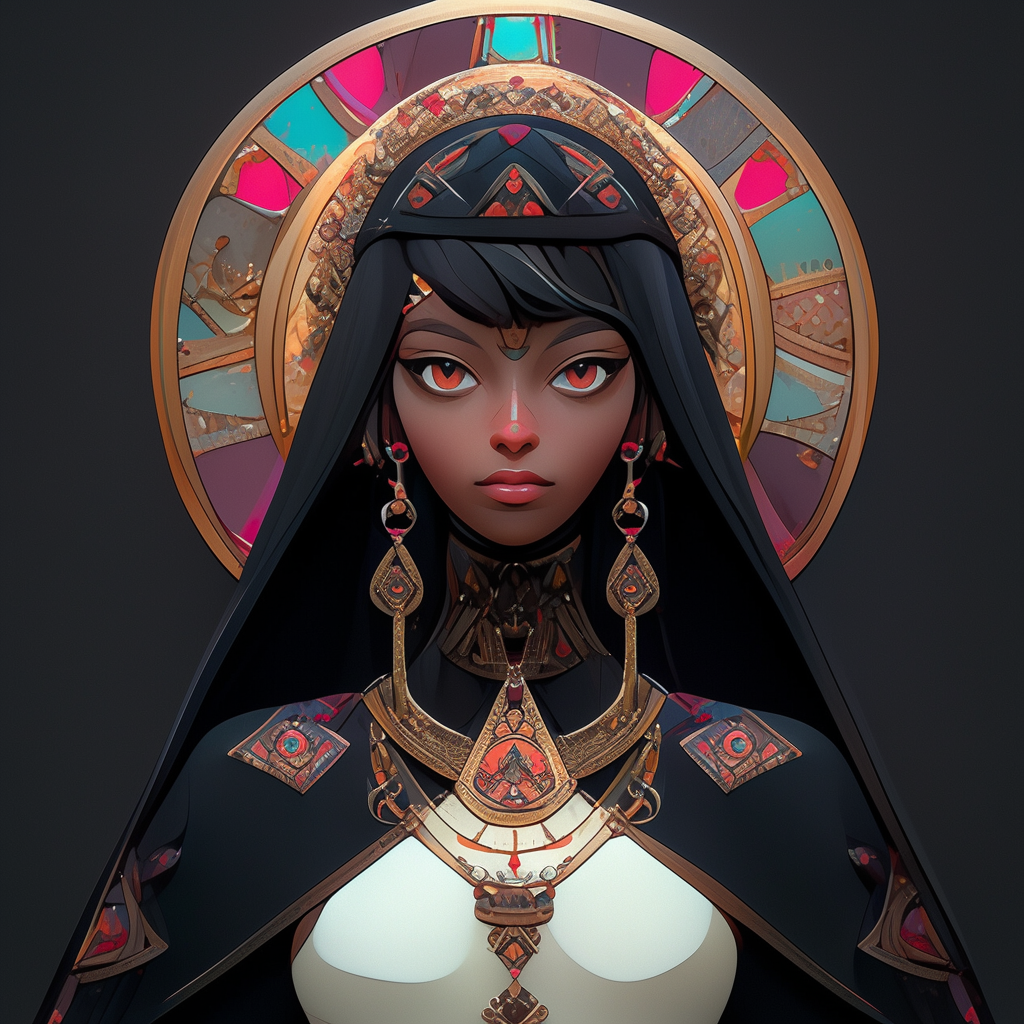 Black elven woman wearing religious vestments anime