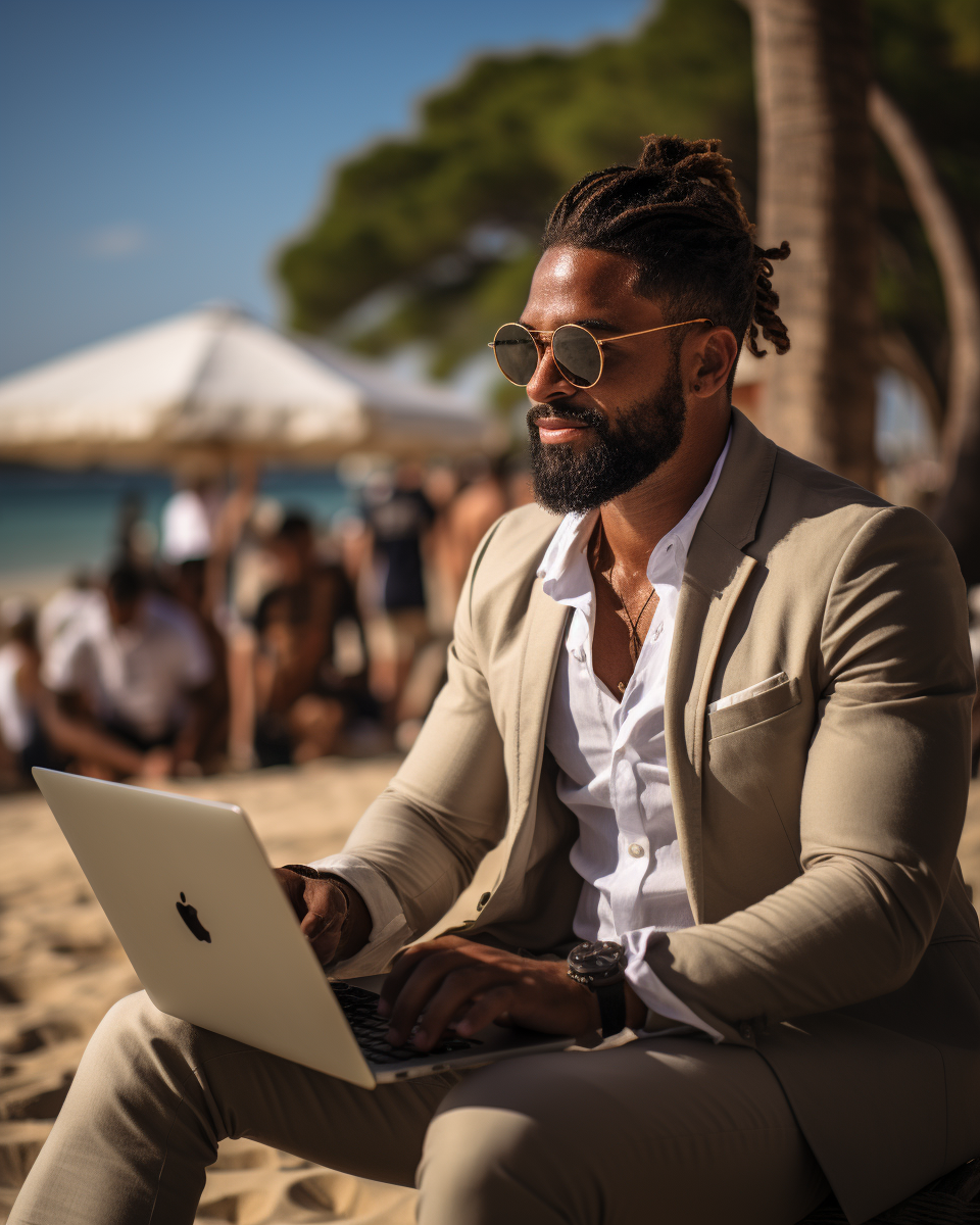 Black entrepreneur working on beach with kitesurfers