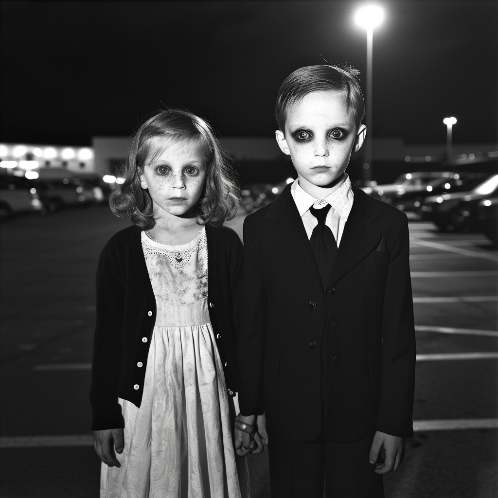 Menacing children in formal attire at parking lot