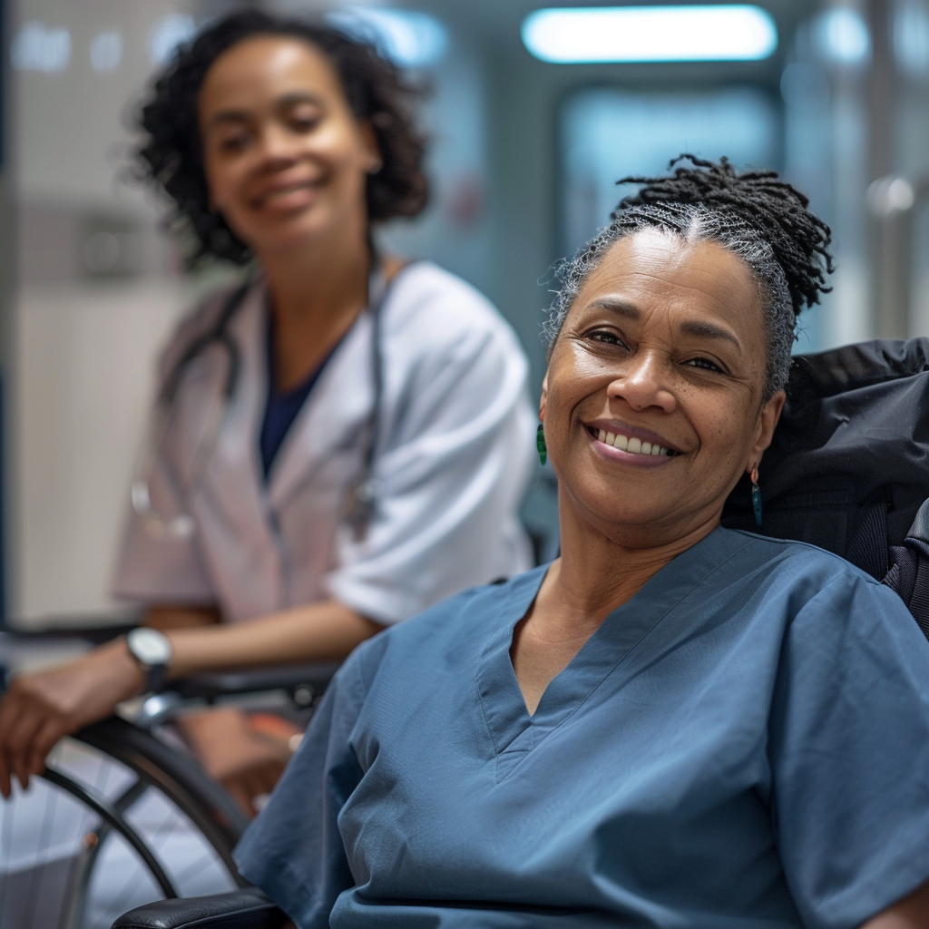 Smiling black female nurse patient interaction