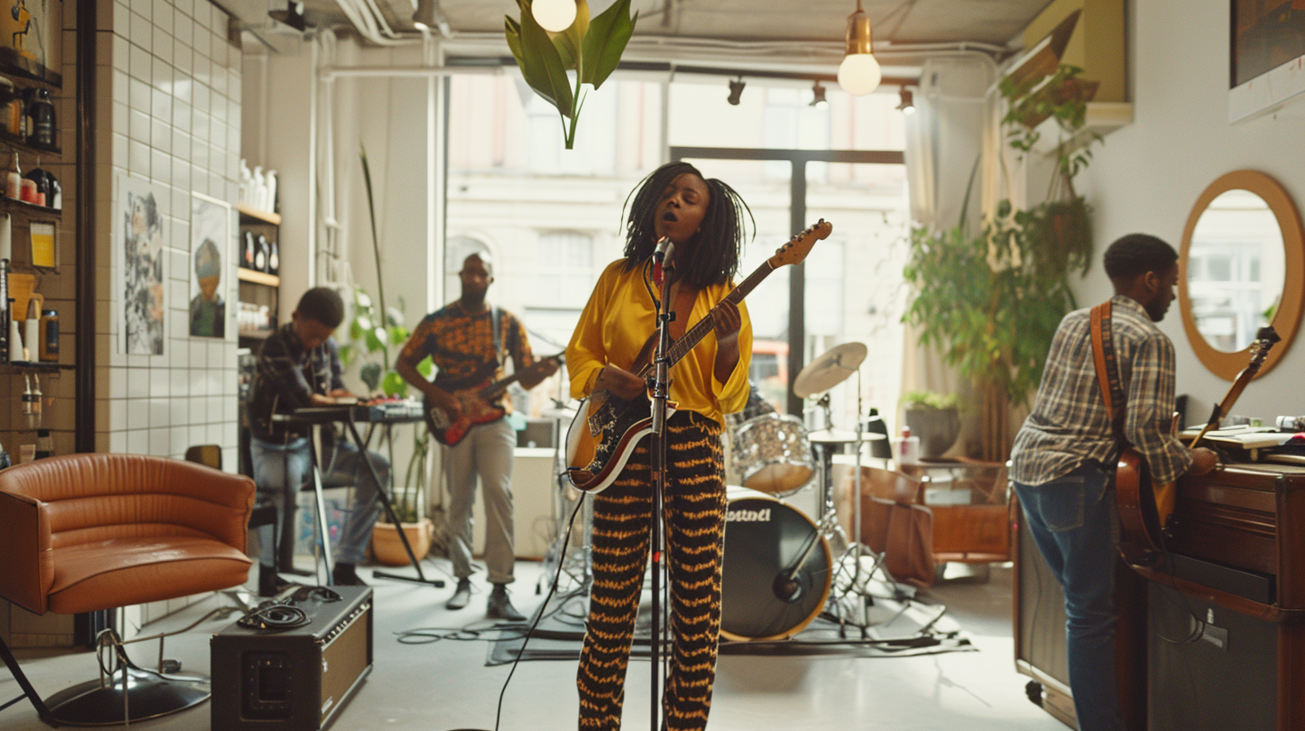 Black Female Singer and Band Performing in Hair Salon