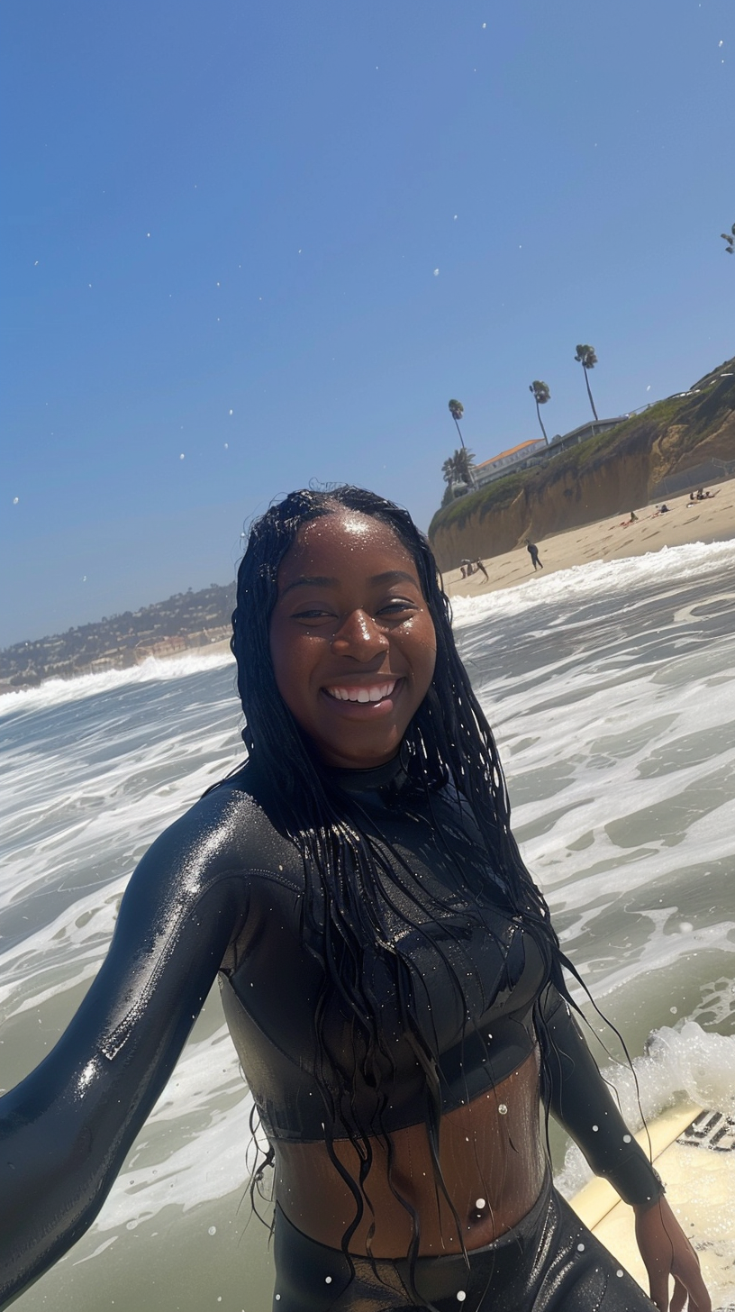 Black female surfer in Santa Monica