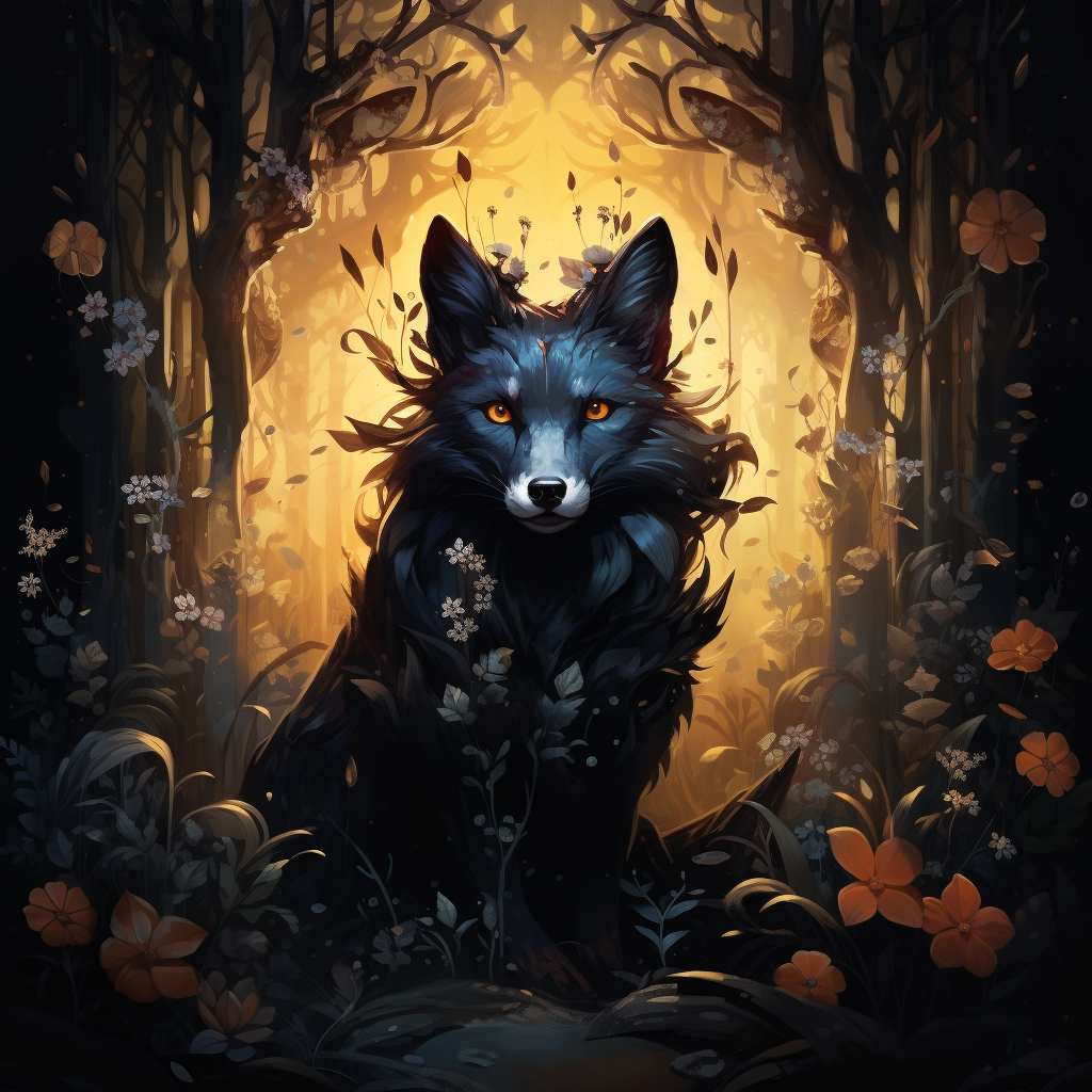 Black fox in magical forest with crown