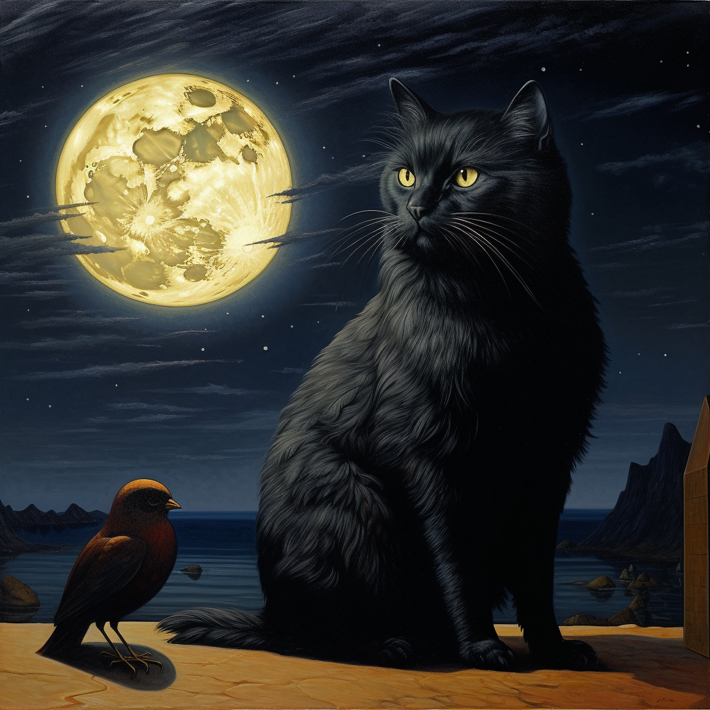 Black fur cat with COQ sitting under the moon