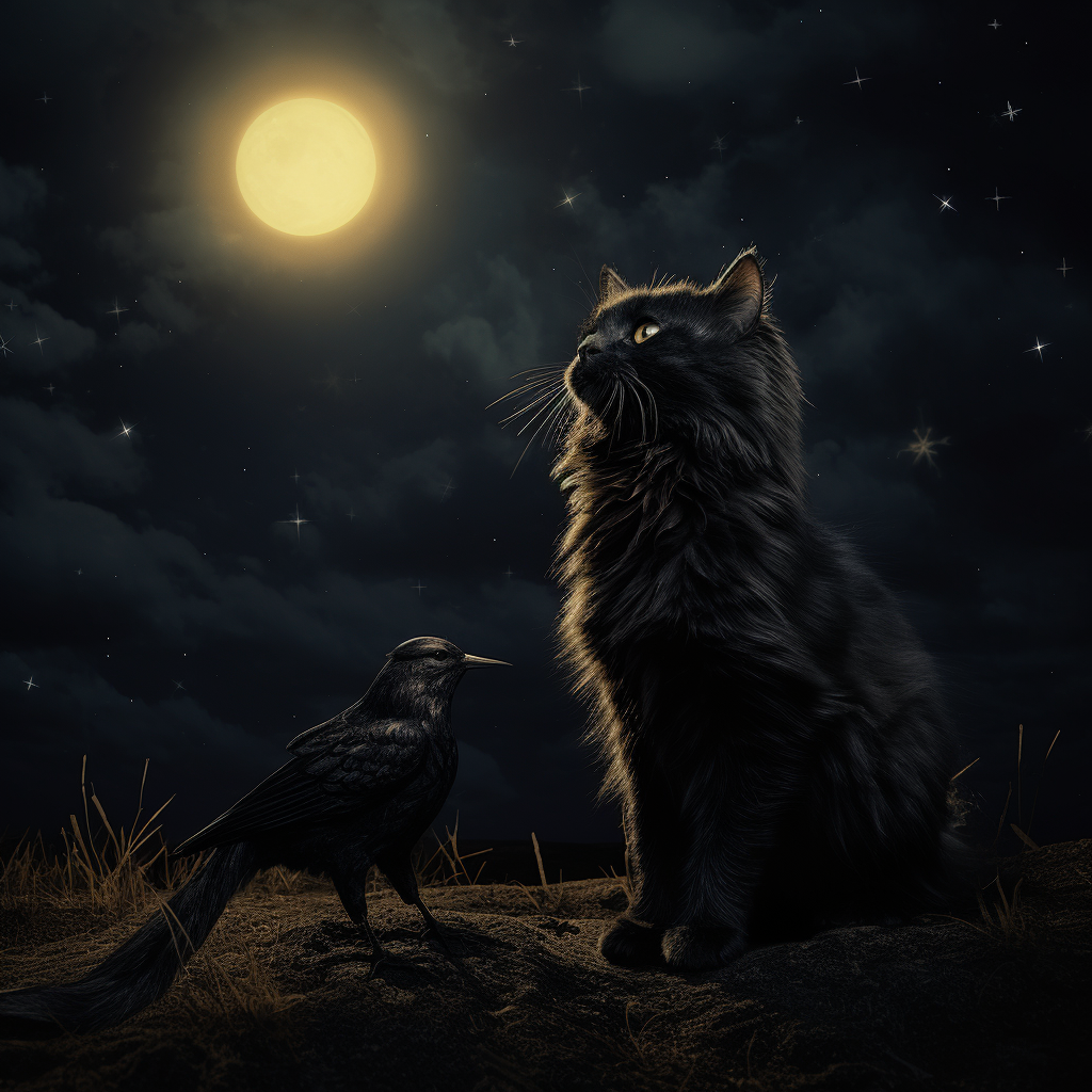 Adorable black cat pointing towards the moon