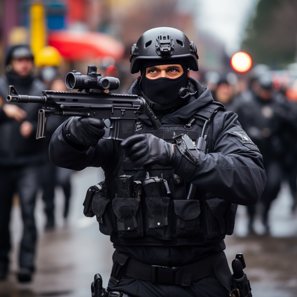 Man in Black Gear Pointing Gun at Parade