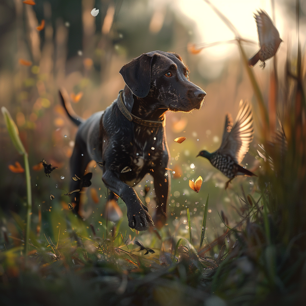 Dog hunting quail in photorealistic 4k