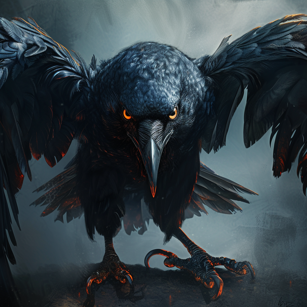 Black Giant Raven with Amber Eyes in Dynamic Pose