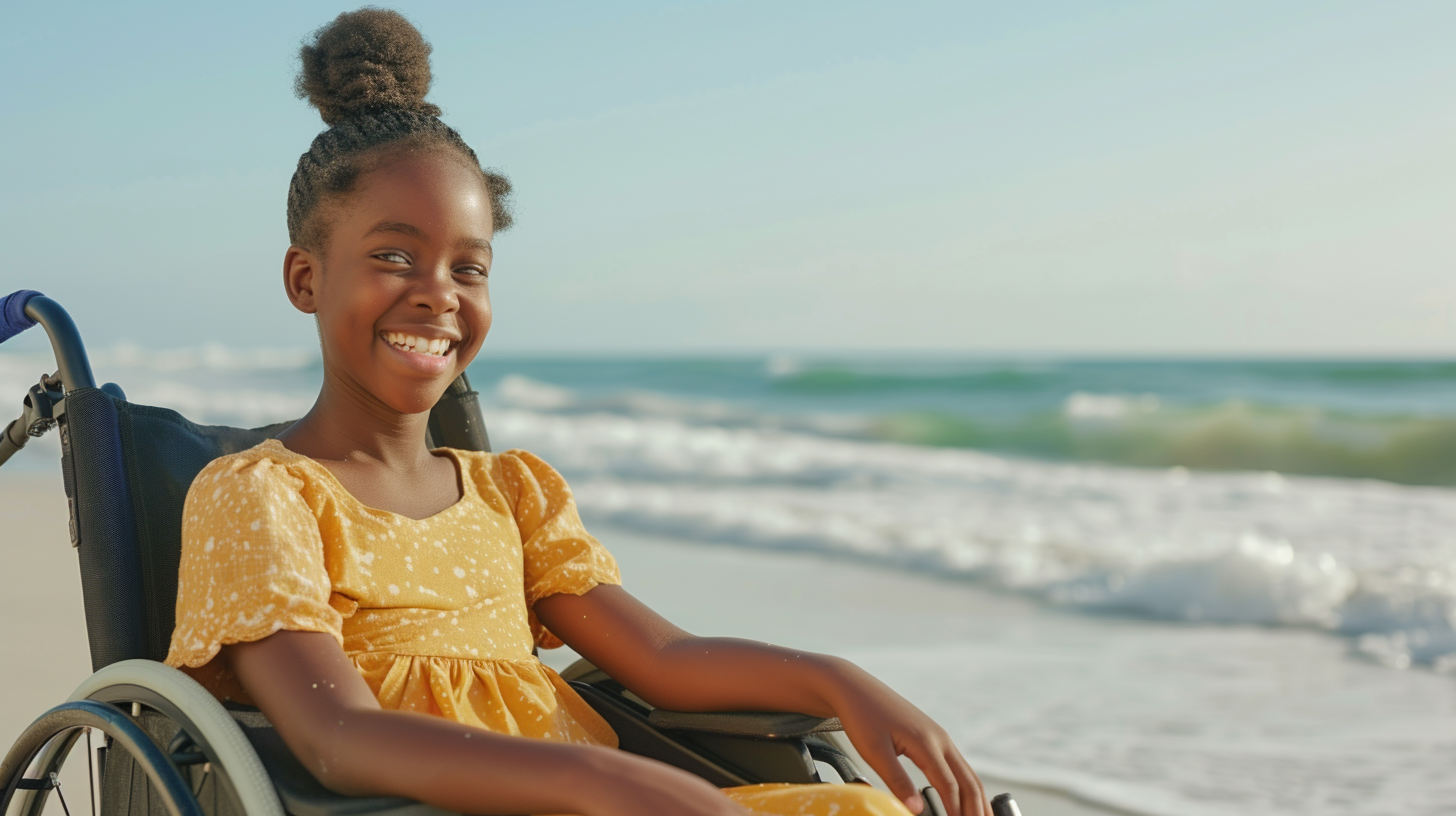 Smiling black girl in beach wheelchair