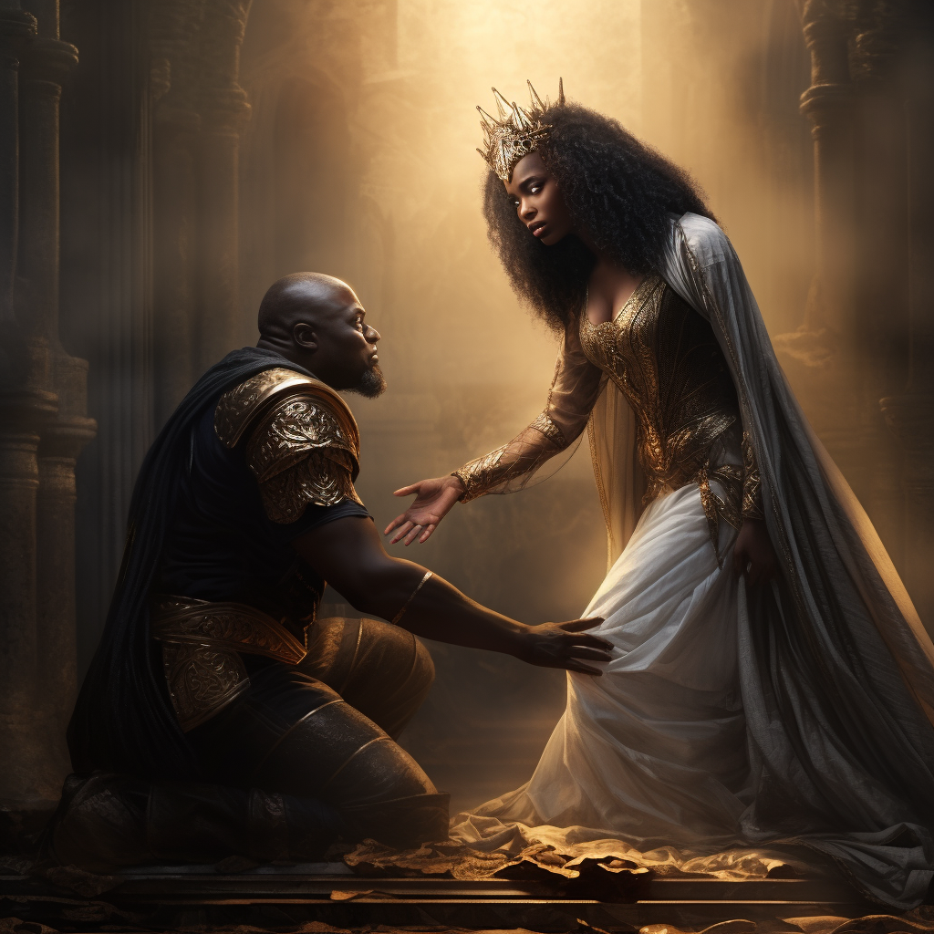 Black girl transformed, bowing to her glorious king