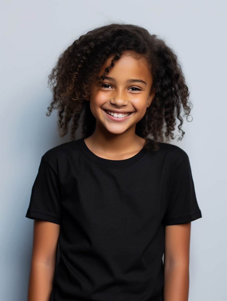 8-year-old girl wearing stylish black t-shirt mockup