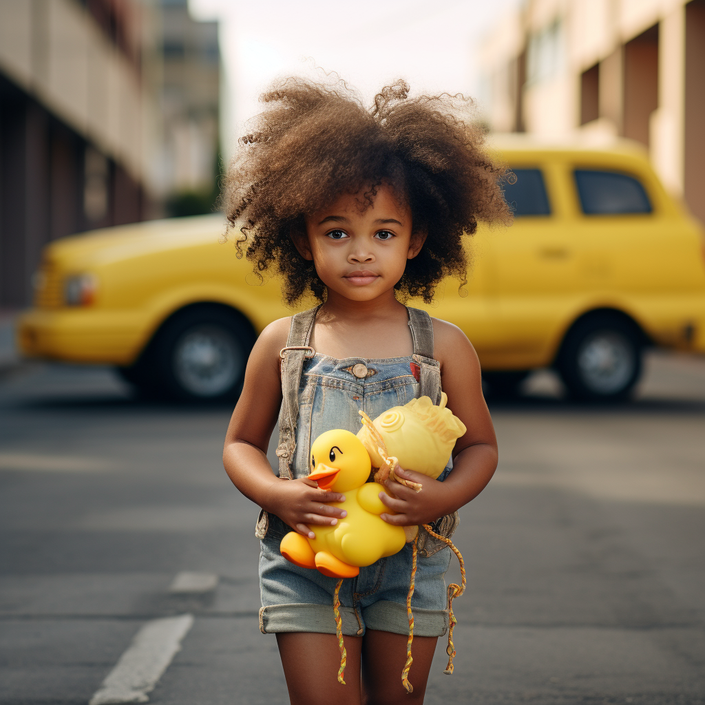 Black girl with Afro pigtails and rubber duck