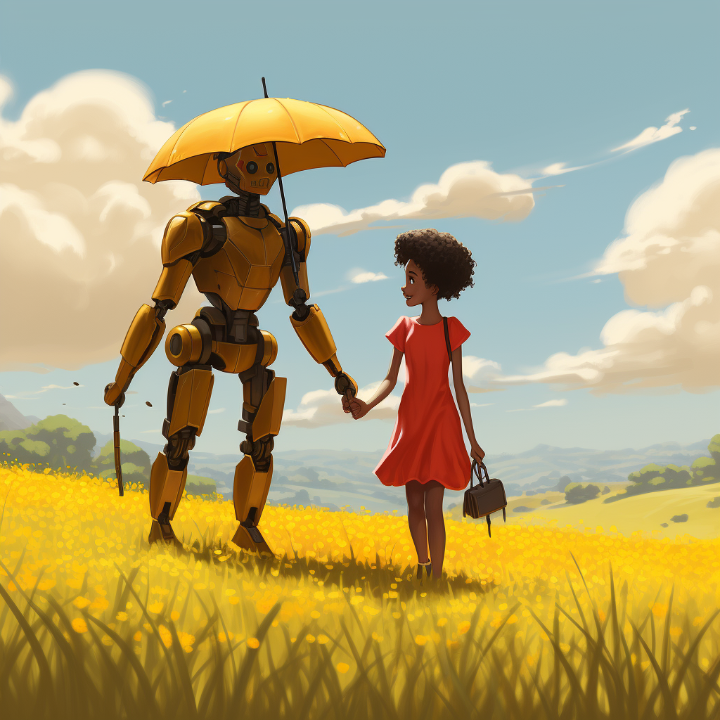 Black girl in yellow dress walking with robot umbrella