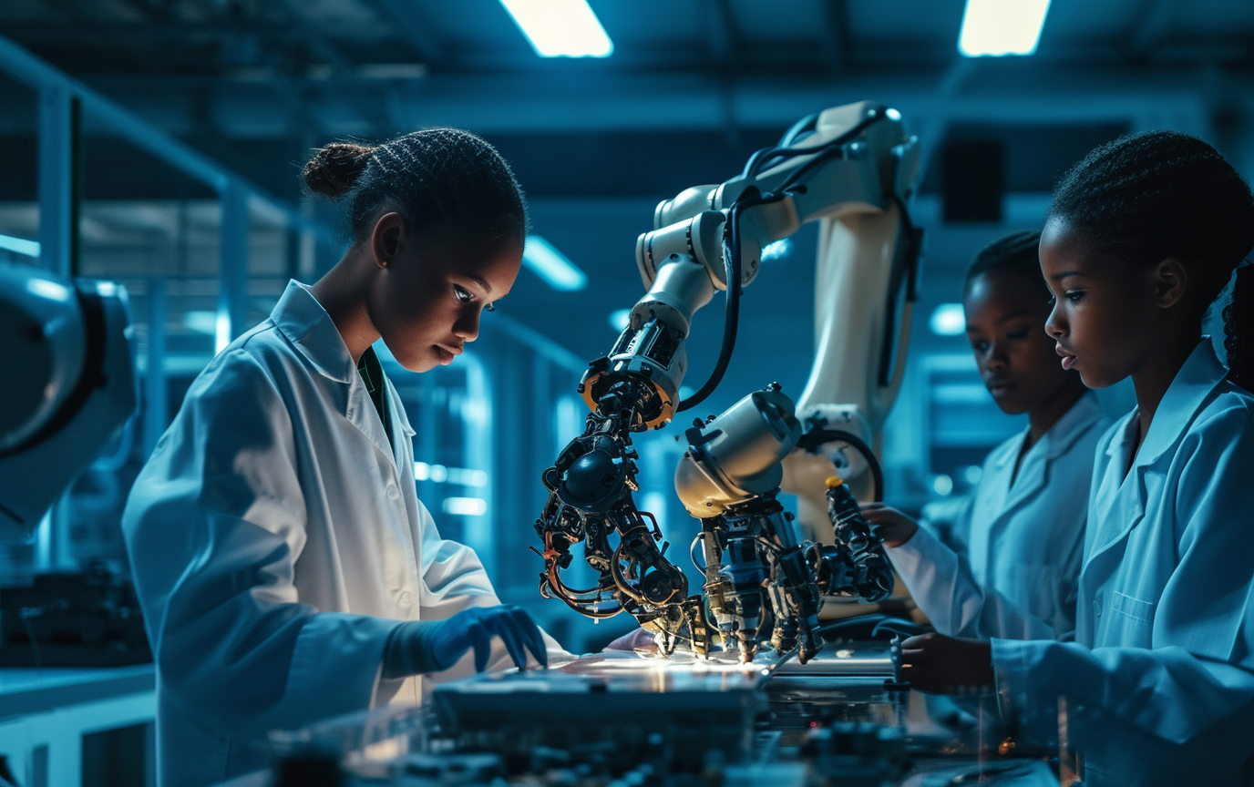 Young black girls assembling robotic arm in lab