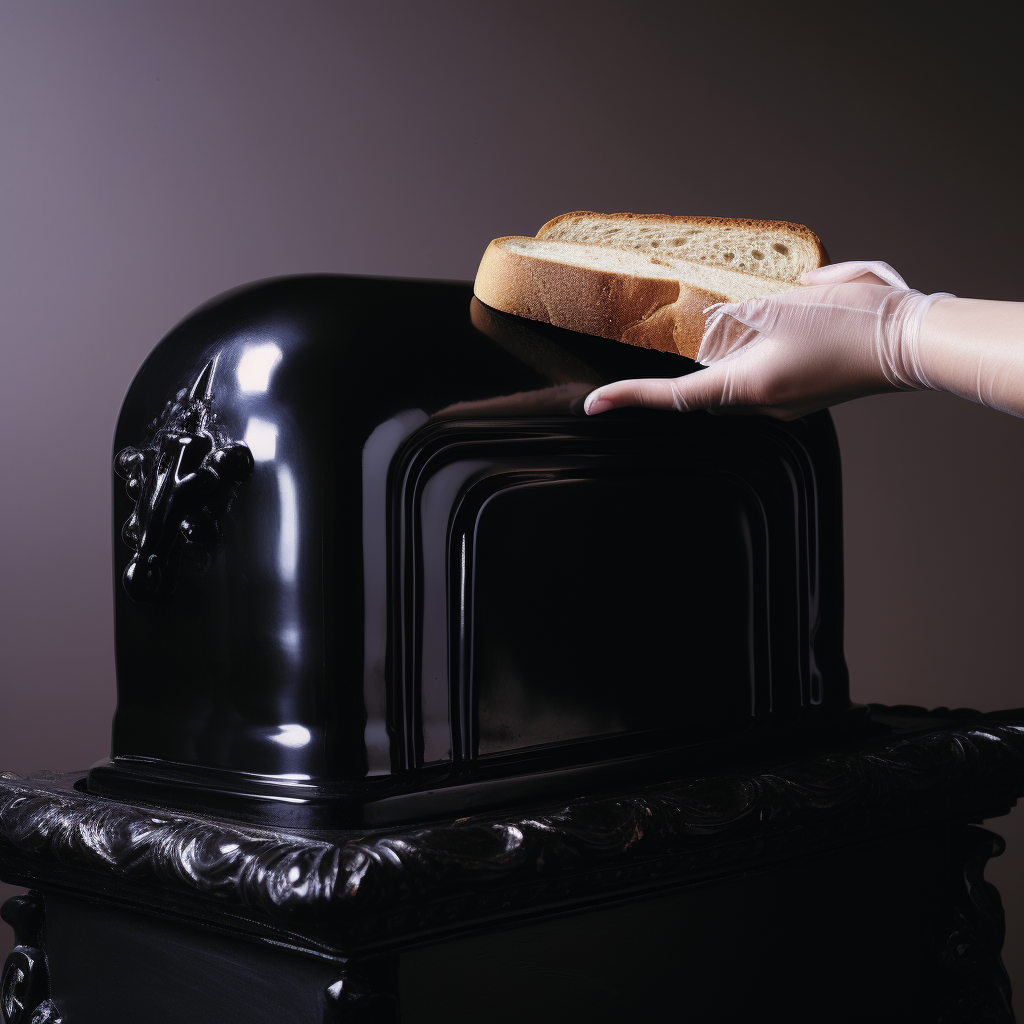 hand wearing black glove in bread bin