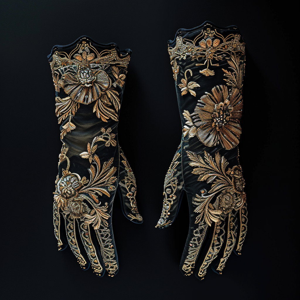 Black gloves with golden embroidered ornaments on black background