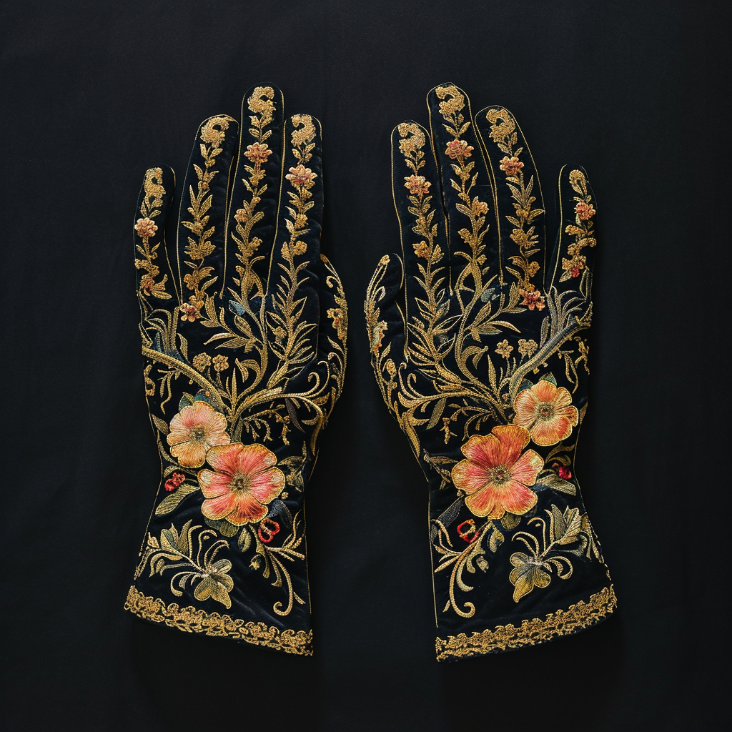 Black gloves with embroidered golden flowers