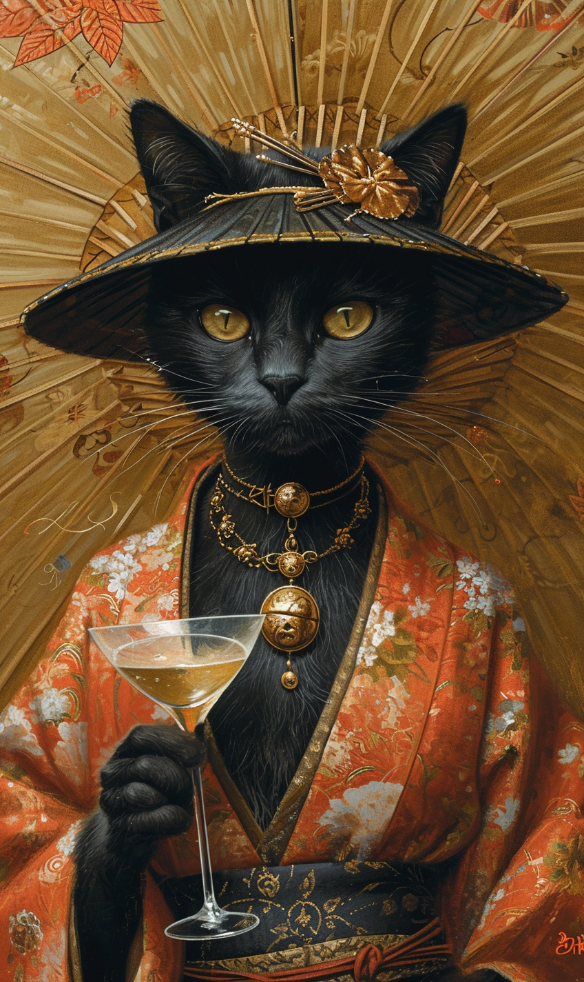 Black and Gold Female Cat Wearing Kimono