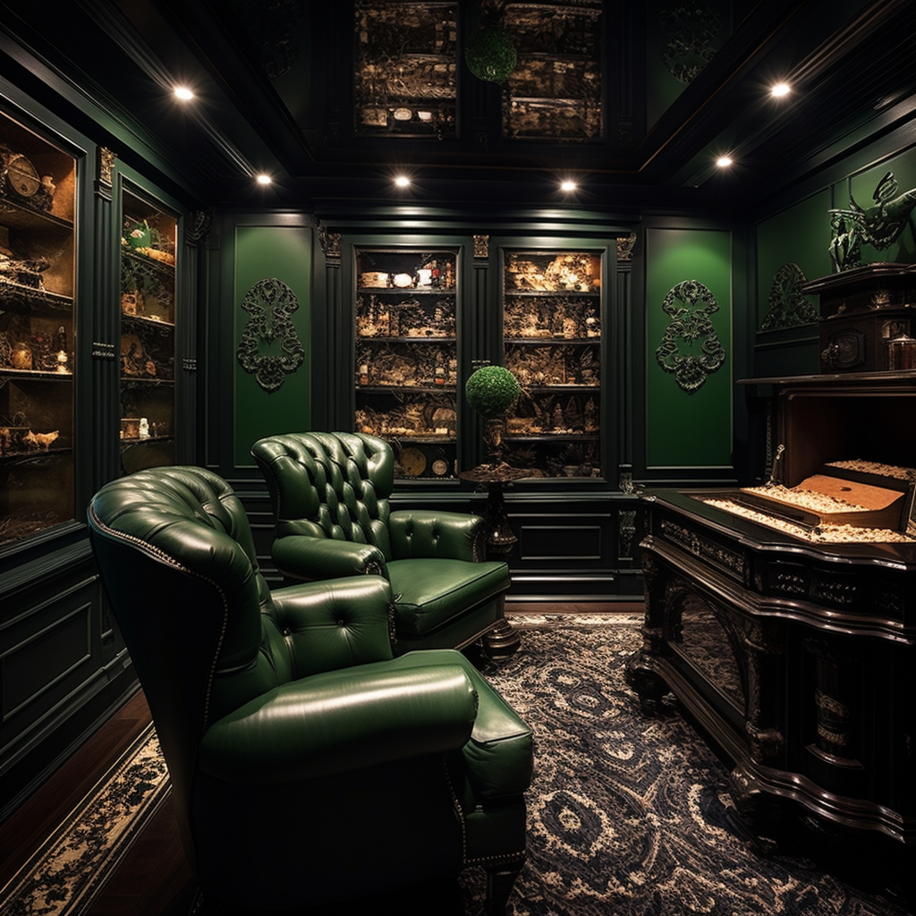 Black Green Luxury Cigar Room with Woods and Heater