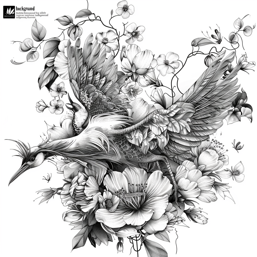 Black grey line tattoo flowers water hen