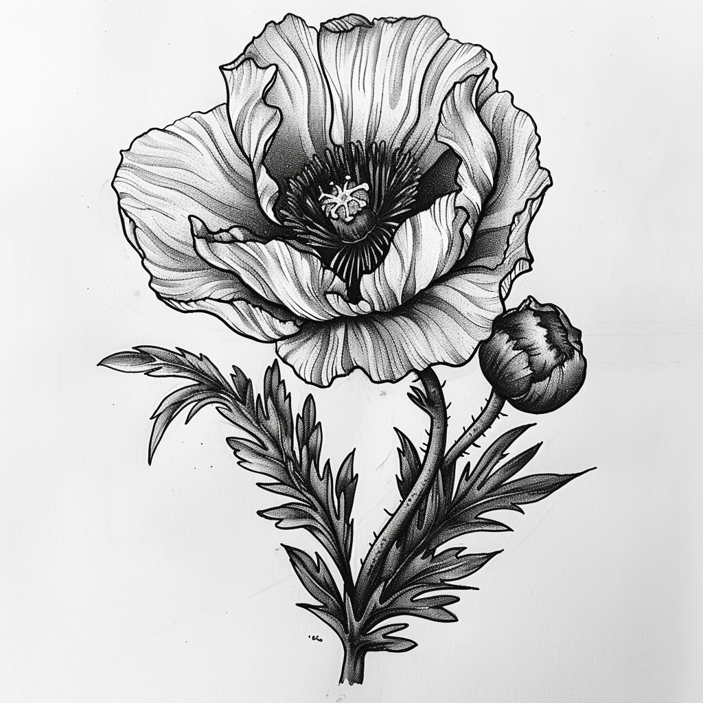 Poppy flower in black grey linework