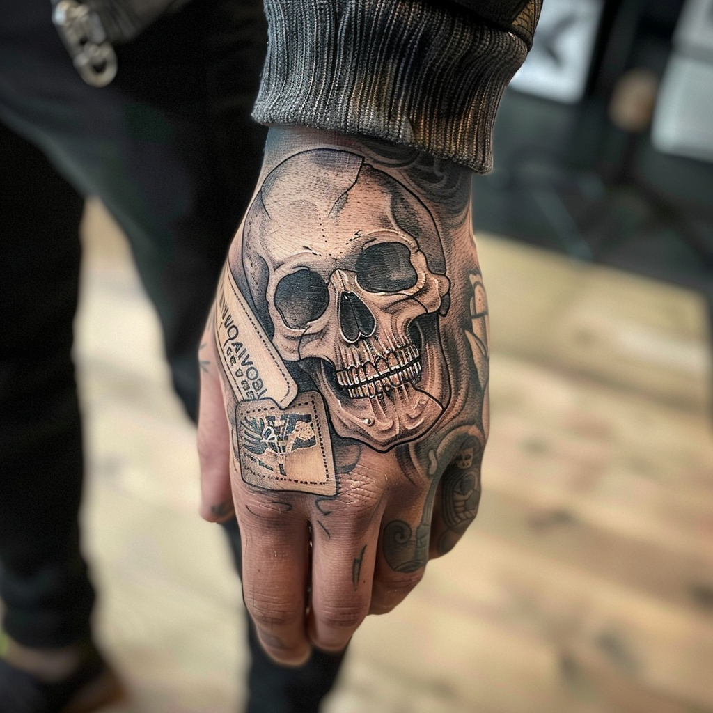 Skull tattoo holding map hand