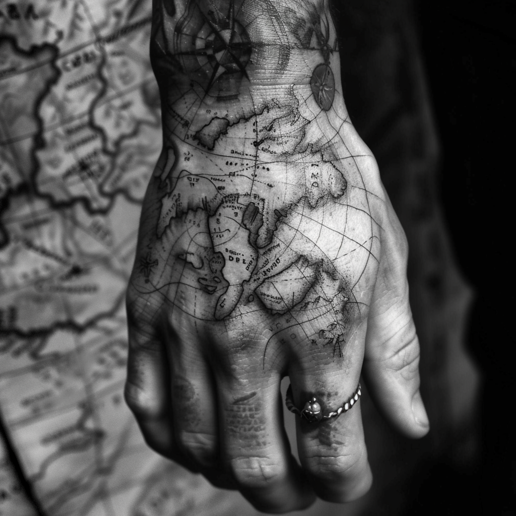 Sensenmann holding map tattoo