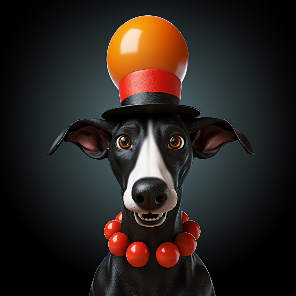 Black greyhound wearing clown hat and red nose