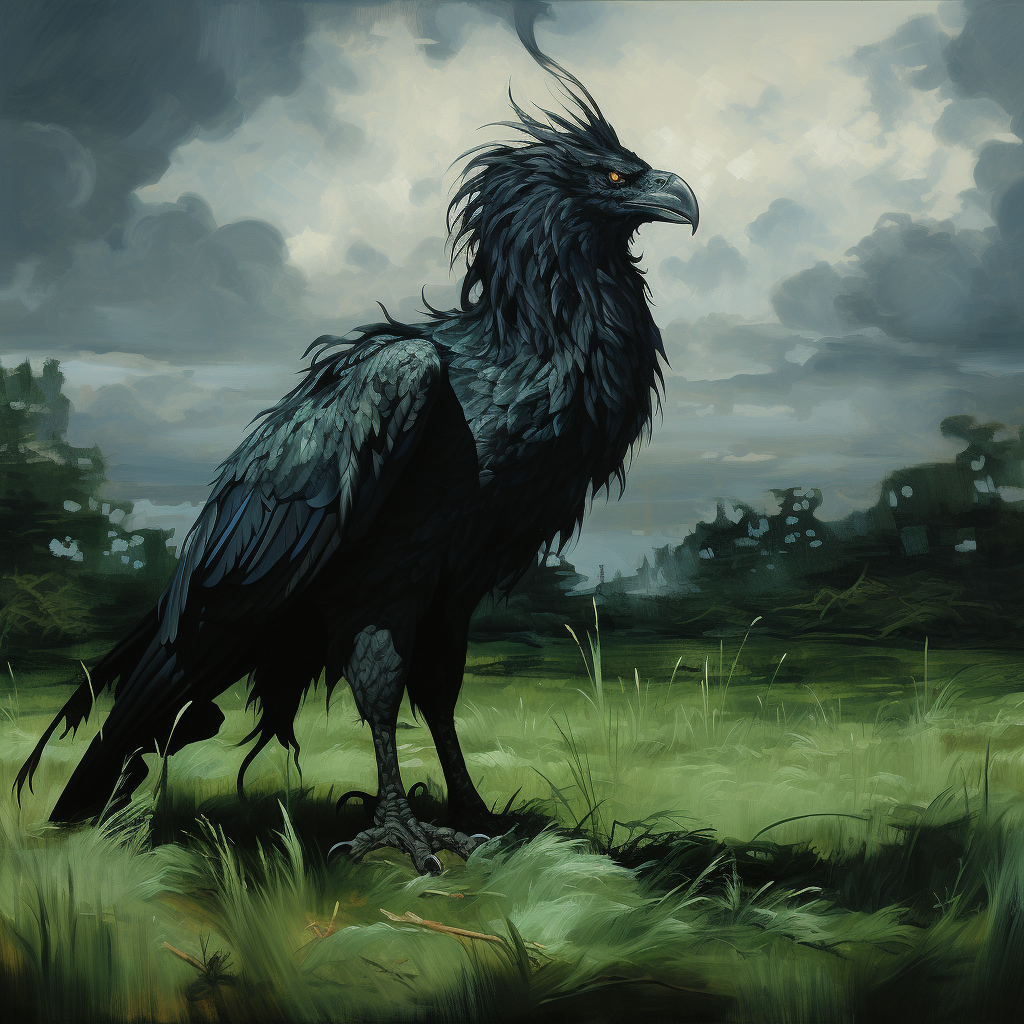 Rennaisance-style oil painting of a black griffin in green field