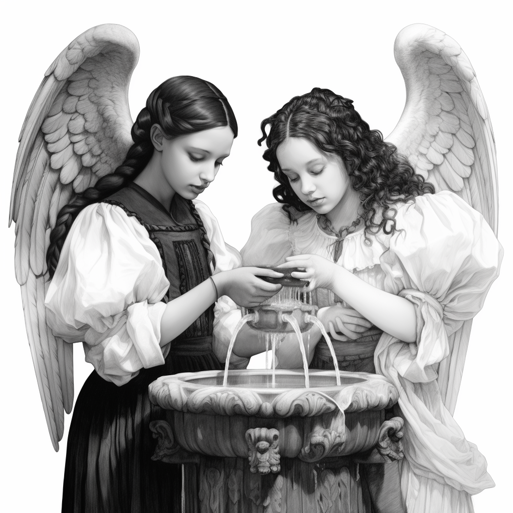 Girls with black hair and water fountain angels