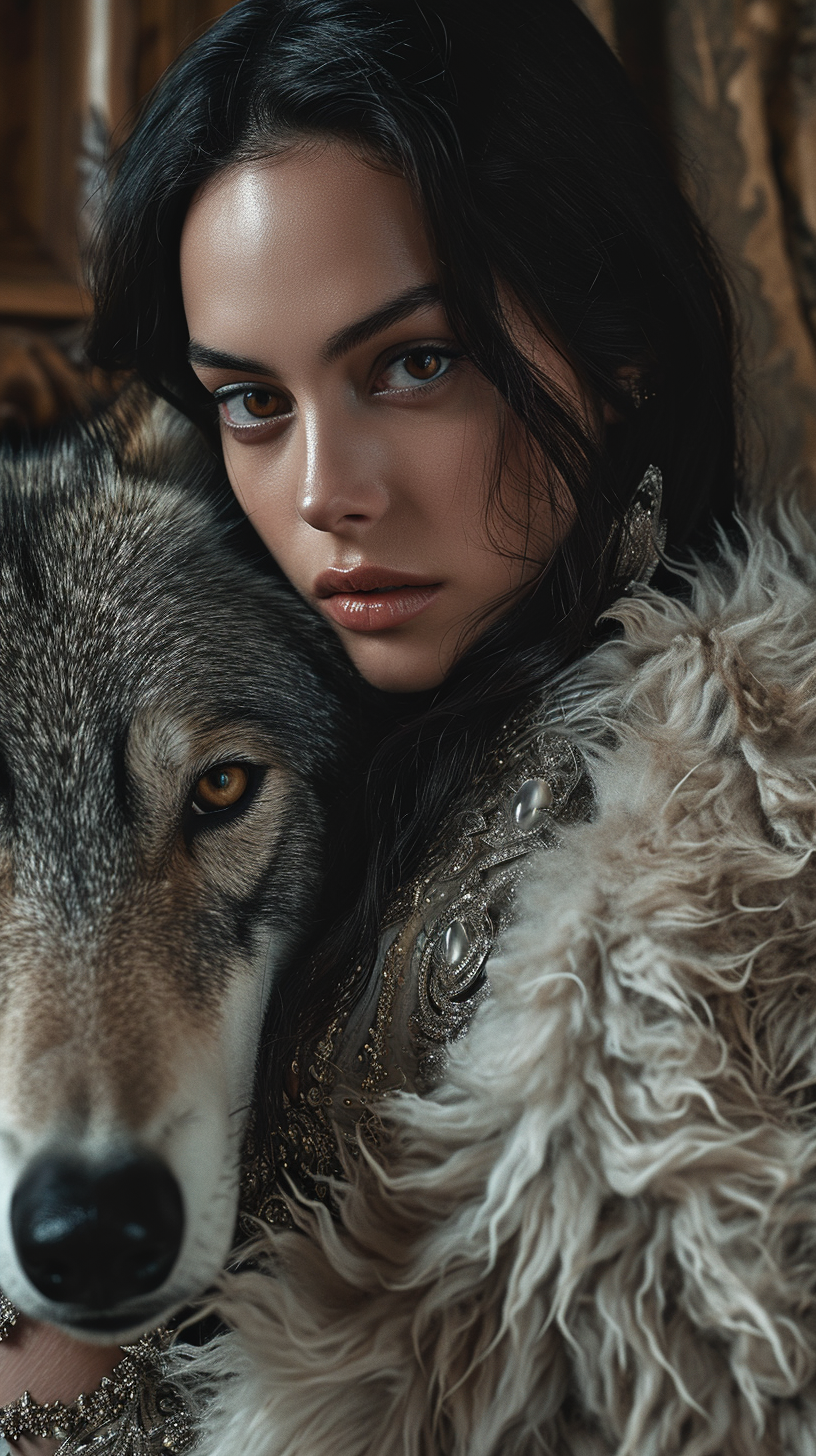 Supermodel with Avant Garde Fur Coat and Wolf