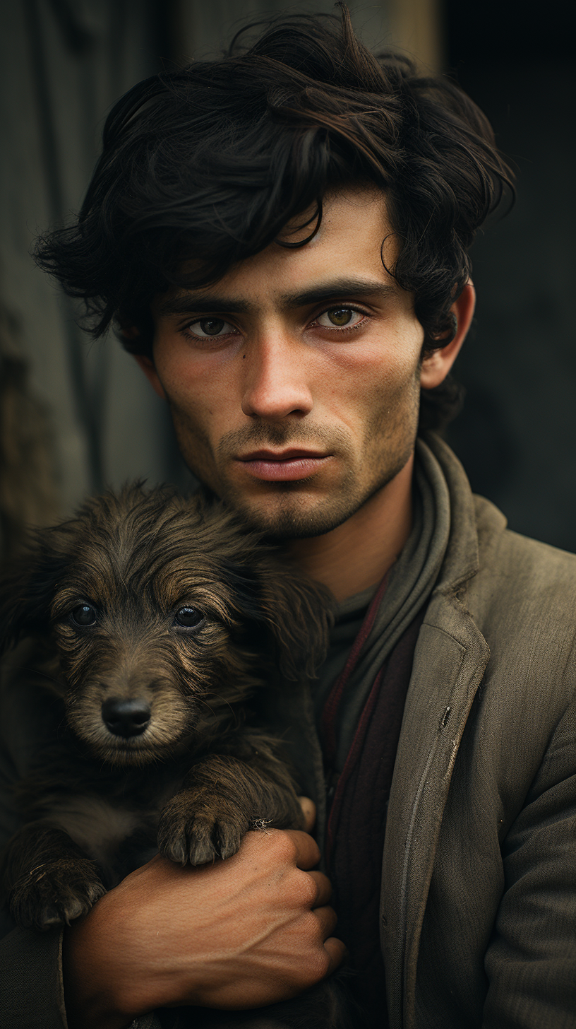 Black-haired man hugging adorable puppy