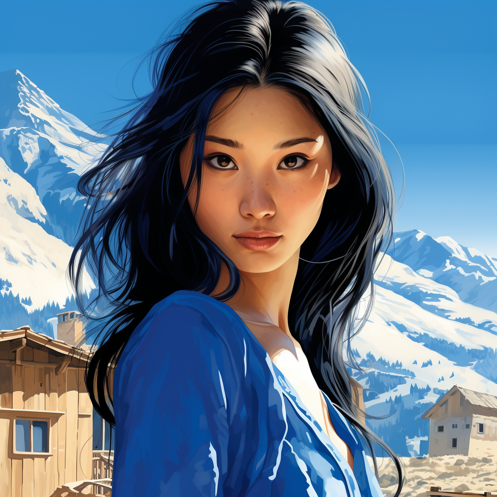 Peaceful Asian girl in romantic Klein blue illustration