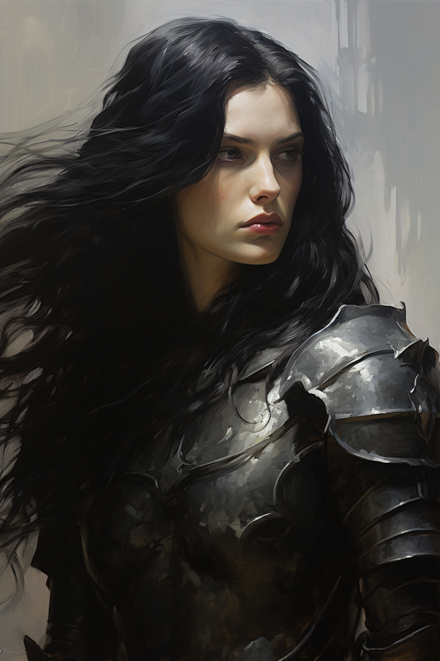 Image of a black-haired, black-armored knight with long hair and black eyes