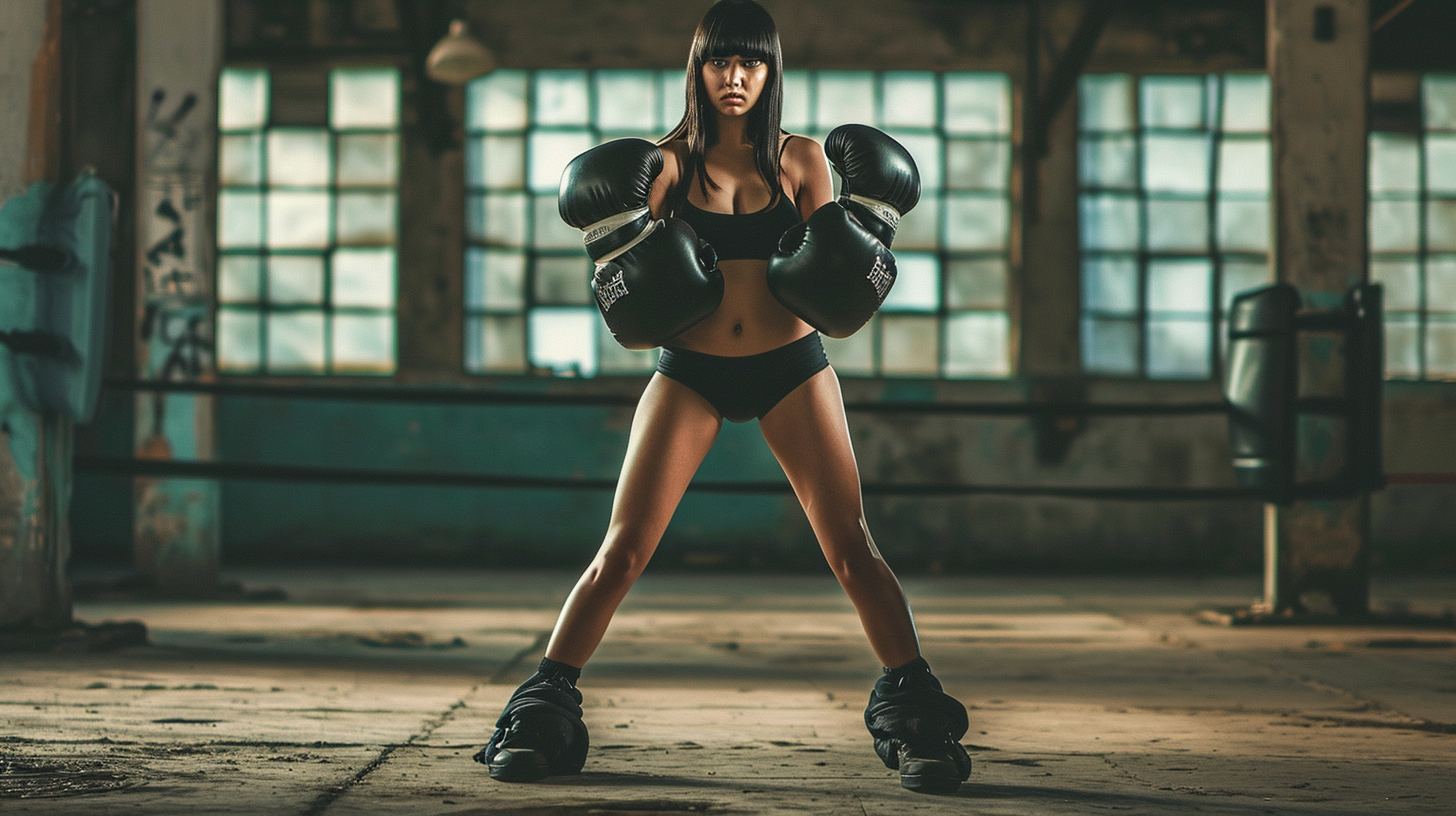 Black-haired female boxer in cool pose