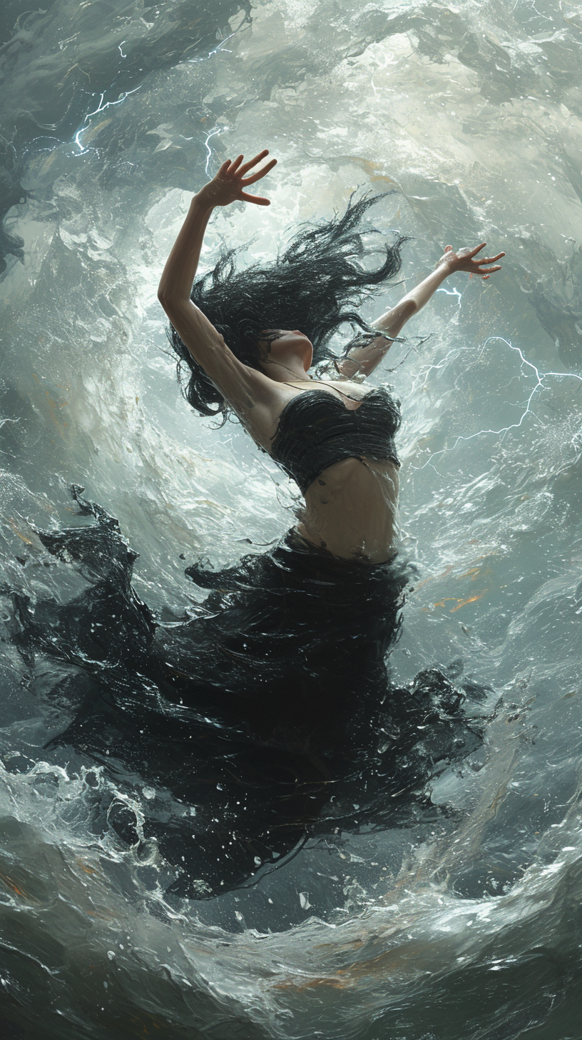 Beautiful black-haired woman floating in lightning storm tornado