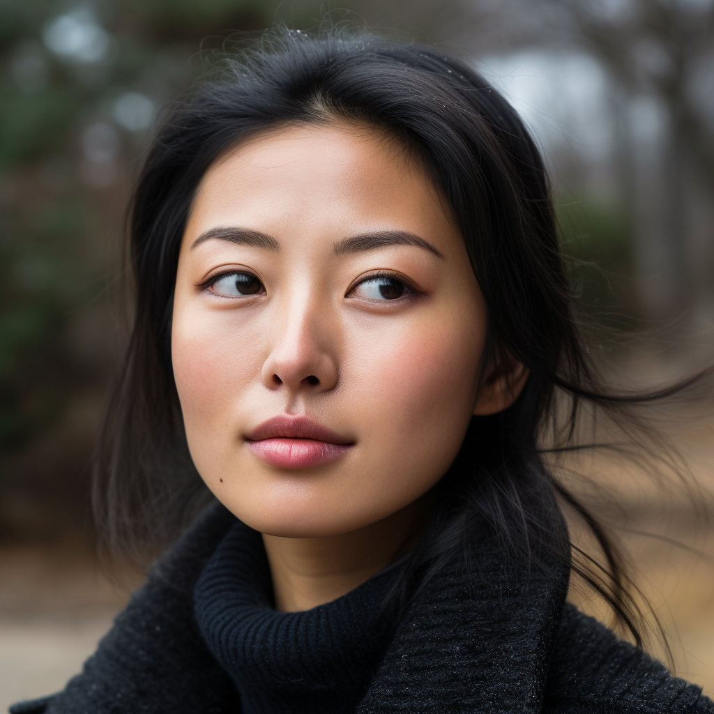 Black haired woman with beautiful wrinkles and moist eyes