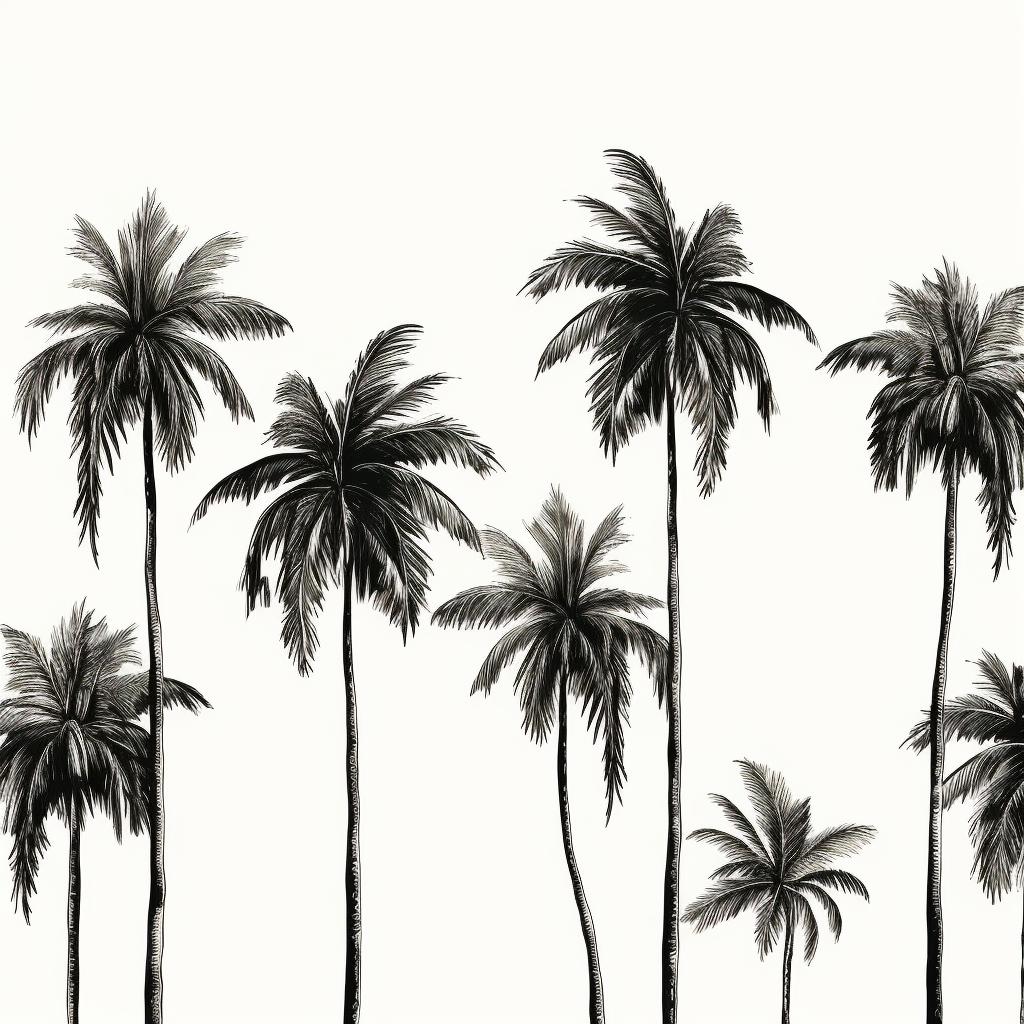 Black hand drawn palm trees on white background