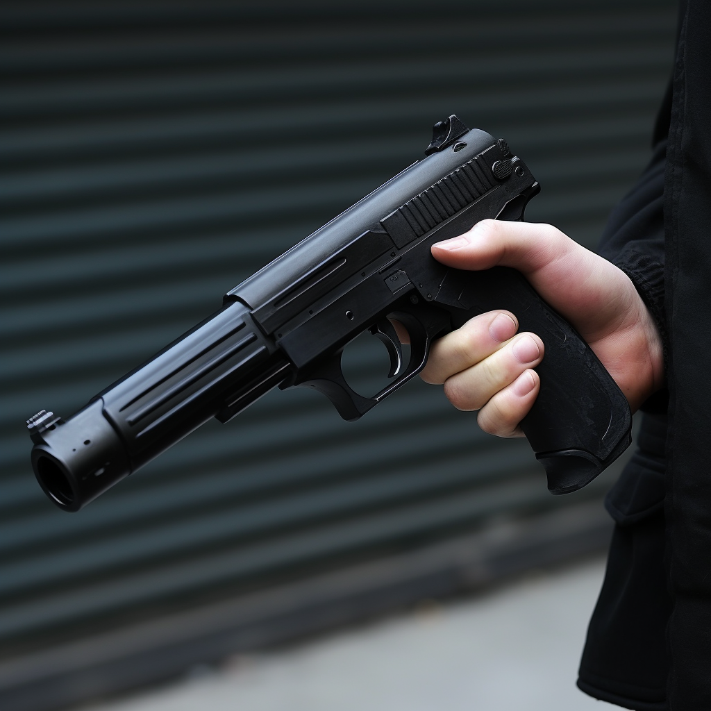 Black hand holding pistol with silencer