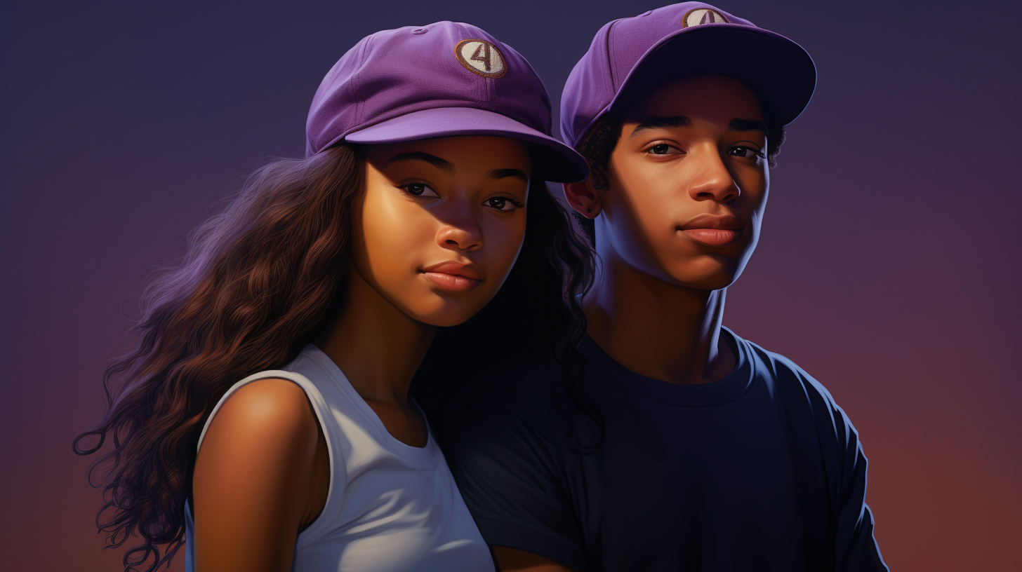 Smiling Black Highschoolers in Purple T-shirts and Caps