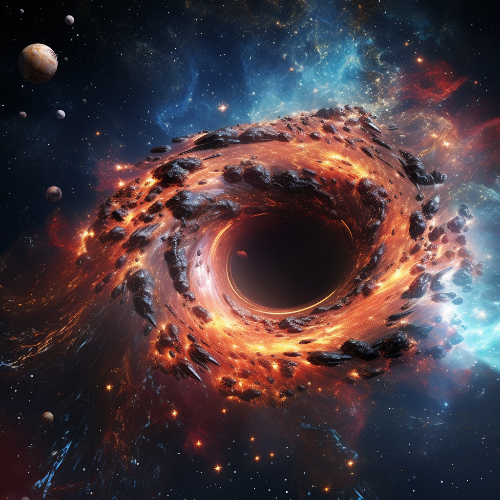 Hyperrealistic depiction of black hole consuming a star