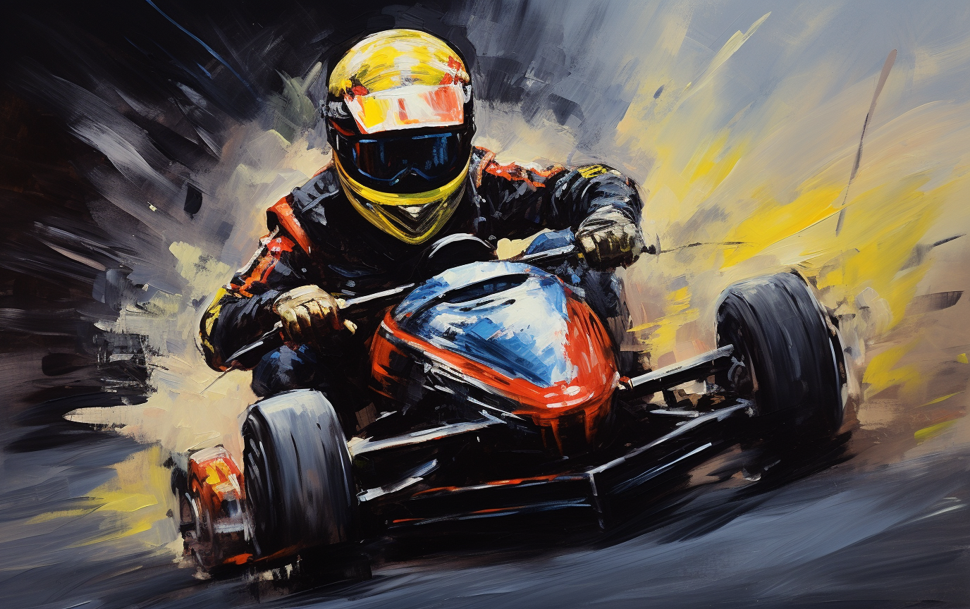 Acrylic painting of black hood men playing go-kart racing