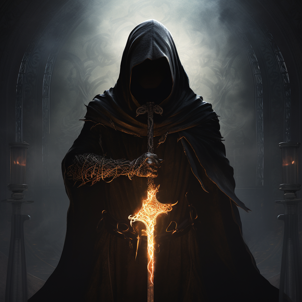 Illustration of a black hooded figure with a sword