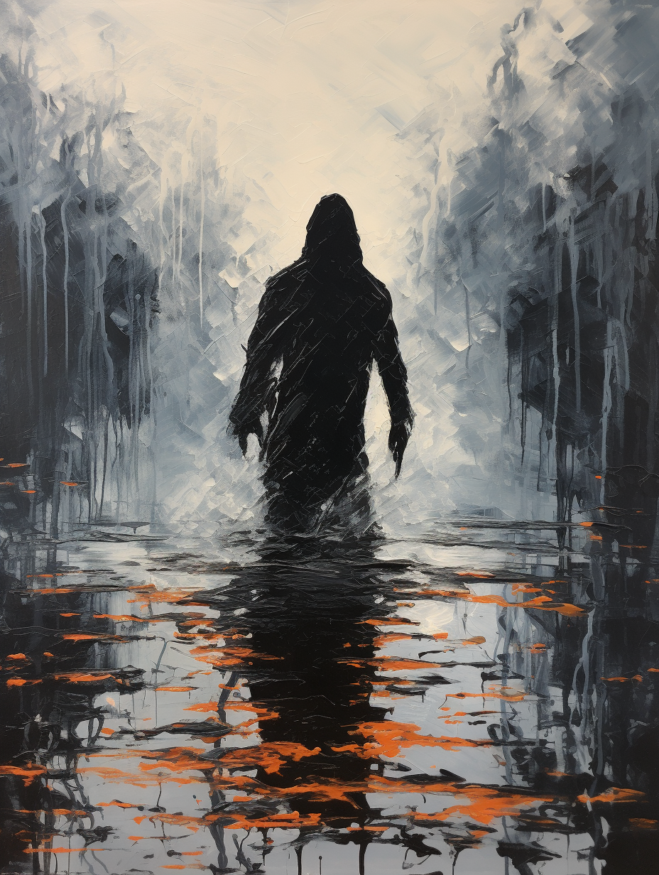 Acrylic painting of a black hooded man falling into a lake