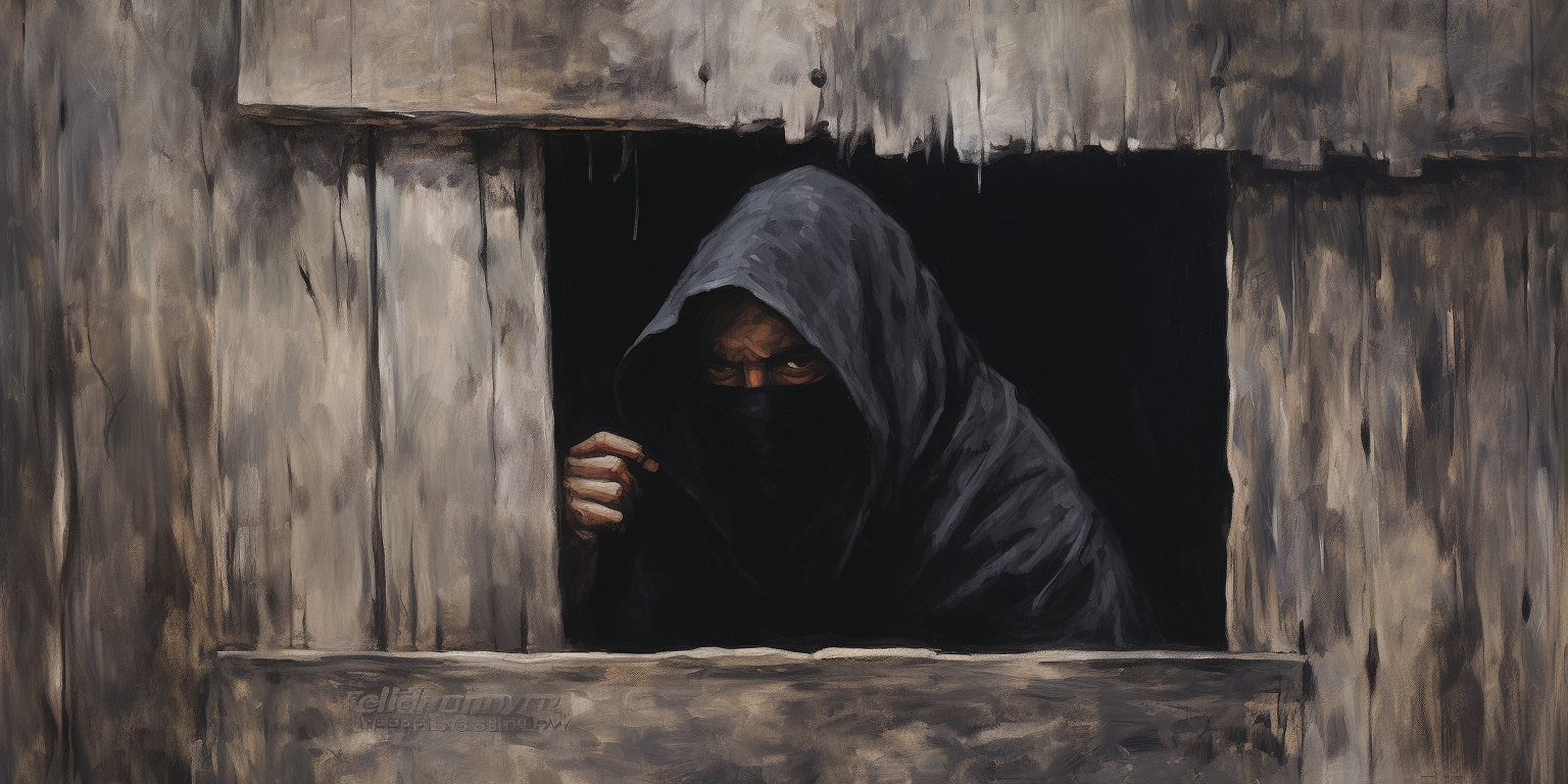 Black hooded man peeking through a destroyed wooden door