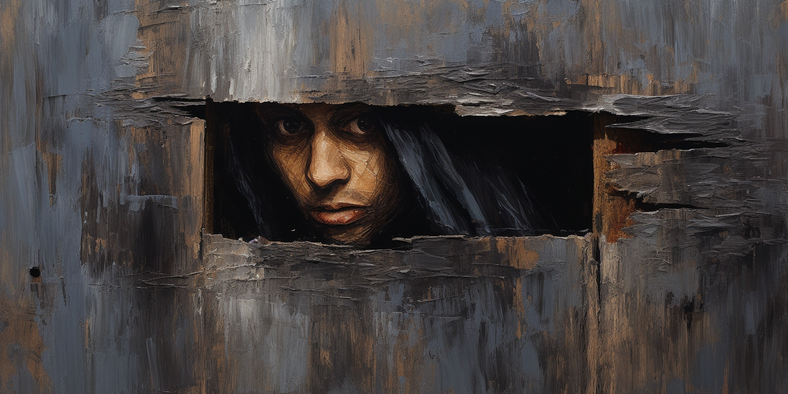 Acrylic painting of black hooded man peeping through destroyed wall