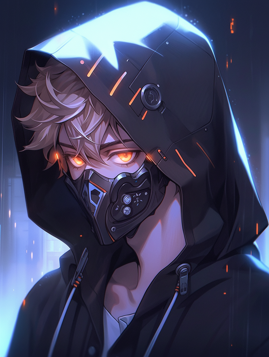 Anime boy with black hoodie and cyberpunk mask