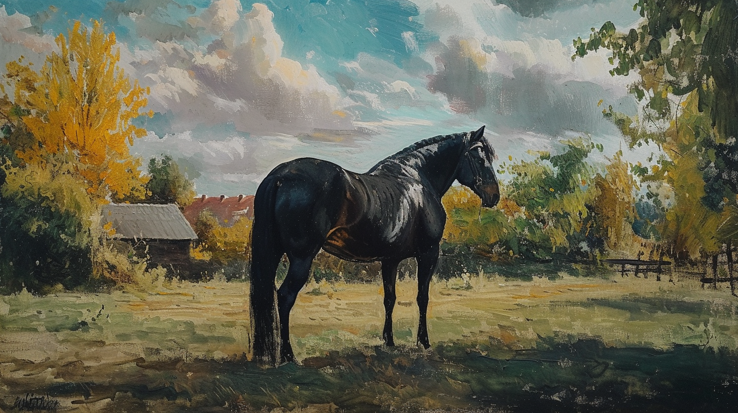 Black horse in farm setting