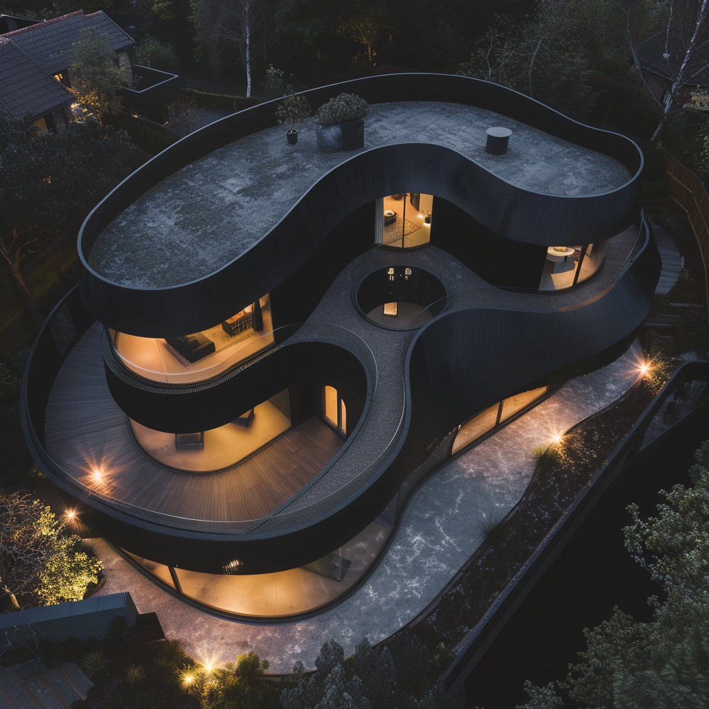 Aerial view black innovative house desertwave